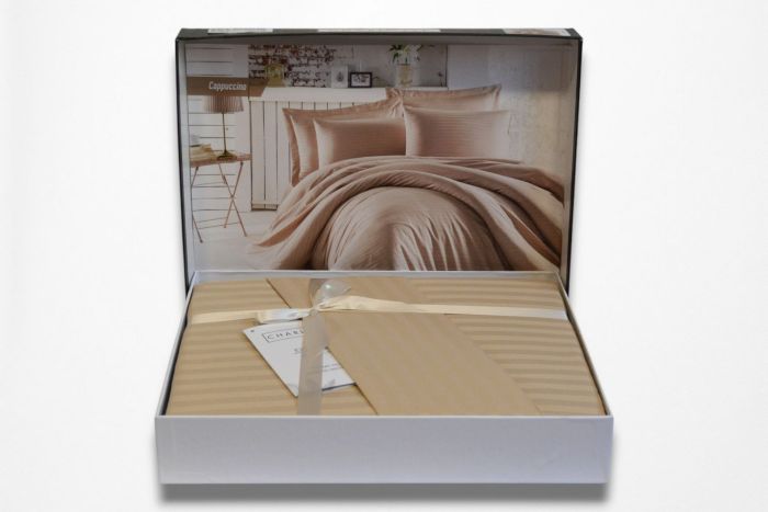 Двоспальний Євро комплект Charlotte Cappucino Сатин-Stripe / простирадло на резинці 180x200см