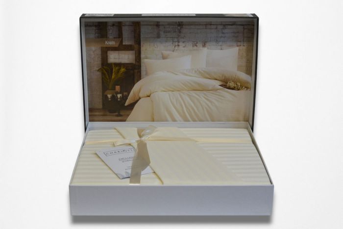 Двоспальний Євро комплект Charlotte Cream Сатин-Stripe / простирадло на резинці 180x200см