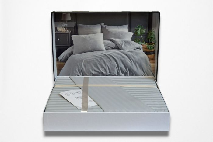 Двоспальний Євро комплект Charlotte Silver Сатин-Stripe / простирадло на резинці 180x200см