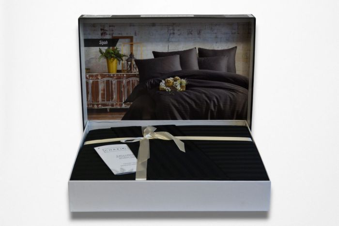 Двоспальний Євро комплект Charlotte Black Сатин-Stripe / простирадло на резинці 180x200см