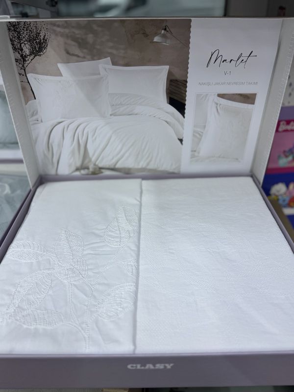 Двоспальний Євро комплект Clasy Marlet V1 Beyaz Ранфорс Жаккард з вишивкою