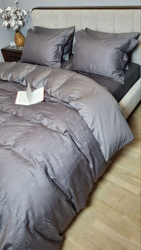 Сатин JACQUARD, SQUARE DARK GREY (Полуторний)