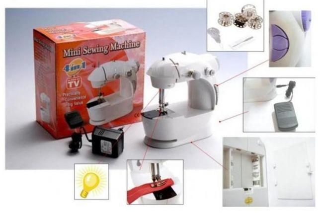 Швейная мини машинка Mini Sewing Machine SM-202A 4 в 1 портативная домашняя машинка для шитья, от сети / батареек / педали
