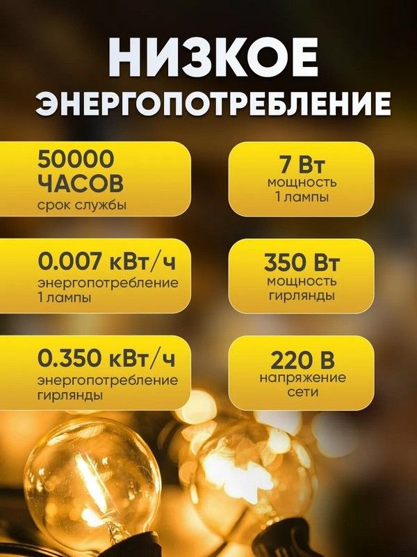Гирлянда лампочек 10м (15 ламп), Гирлянда из лампочек на веранде, Уличная гирлянда ретро, Гирлянда для сада из лампочек, WAJ