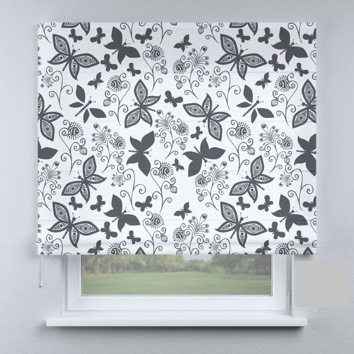 Римська штора з фотодруком метелики з квітами темно-сірі