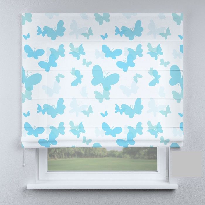 Римська штора з ланцюжковим карнизом сині метелики на білому фоні
