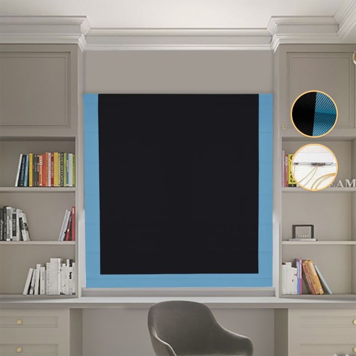 Римська штора Блекаут Перфект чорний з блакитним кантом