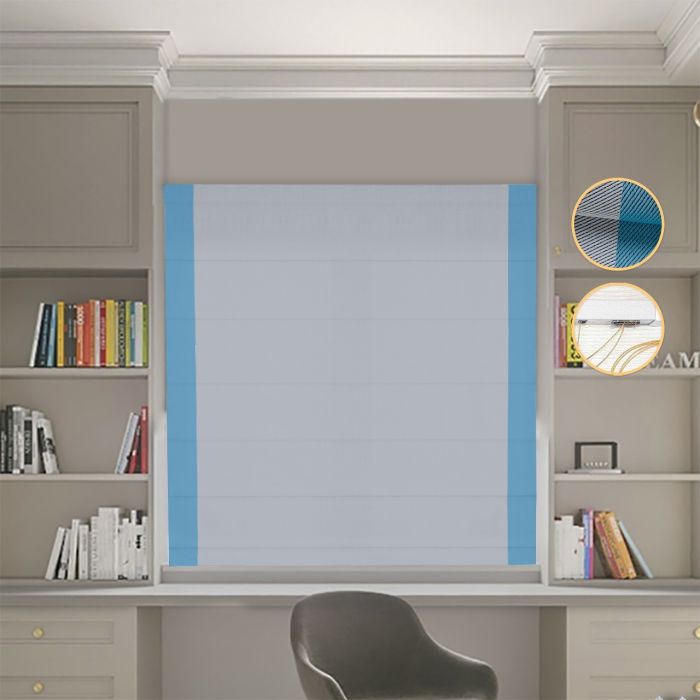 Римська штора Блекаут Перфект світло-сірий з блакитними кантами по боках