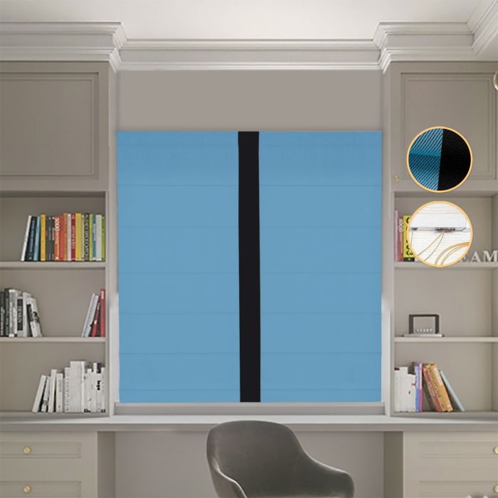 Римська штора Блекаут Перфект з ланцюжковим карнизом блакитний з чорним кантом по центру