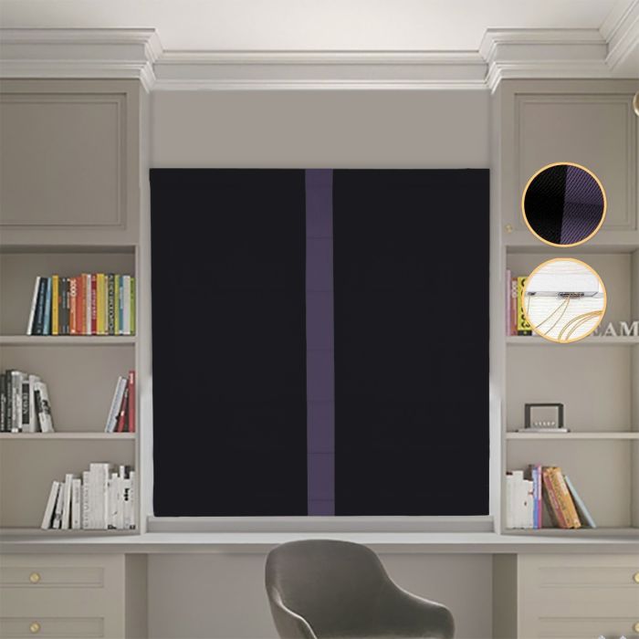 Римська штора Блекаут Перфект з ланцюжковим карнизом чорний з бузковим кантом по центру