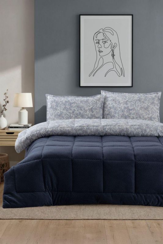 Двоспальний Євро комплект Moss Kupon Lacivert з покривалом 195х215 см