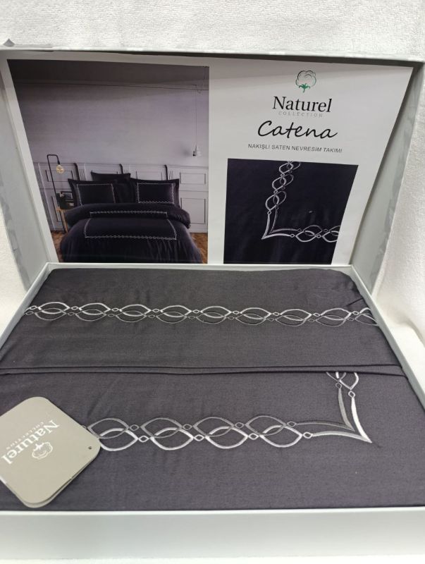Двоспальний Євро комплект Naturel Catena Grey Сатин з вишивкою