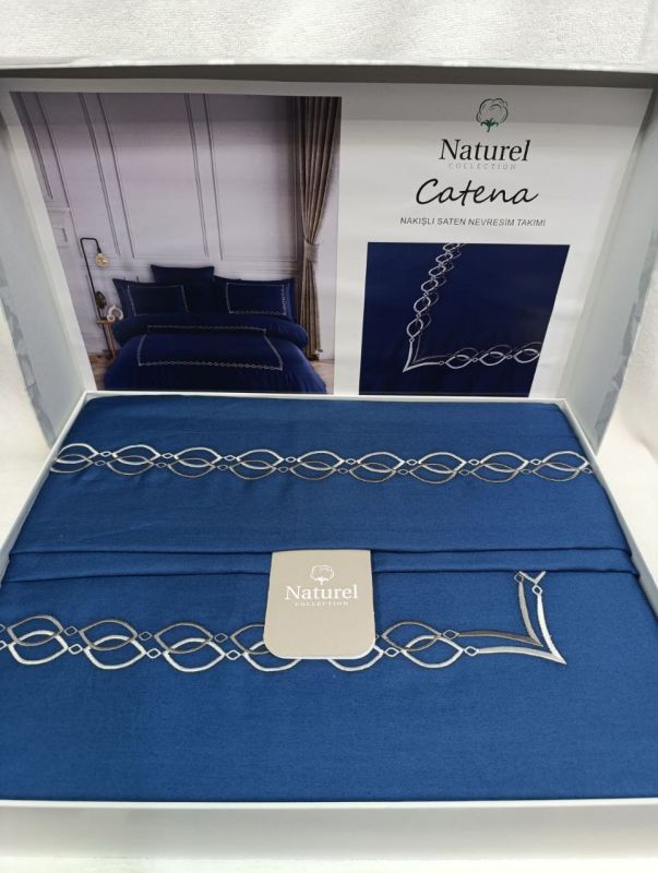 Двоспальний Євро комплект Naturel Catena Blue Сатин з вишивкою