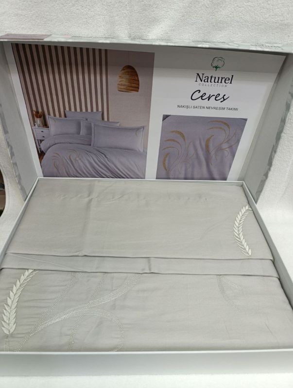 Двоспальний Євро комплект Naturel Ceres Grey Сатин з вишивкою