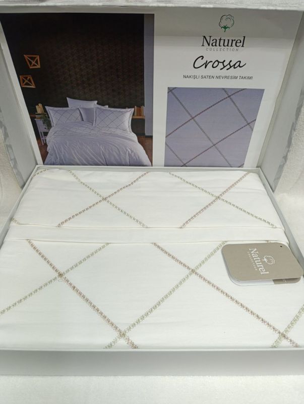 Двоспальний Євро комплект Naturel Crossa White Сатин з вишивкою