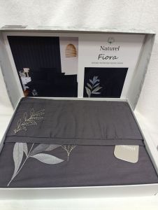 Двоспальний Євро комплект Naturel Fiora Grey Сатин з вишивкою