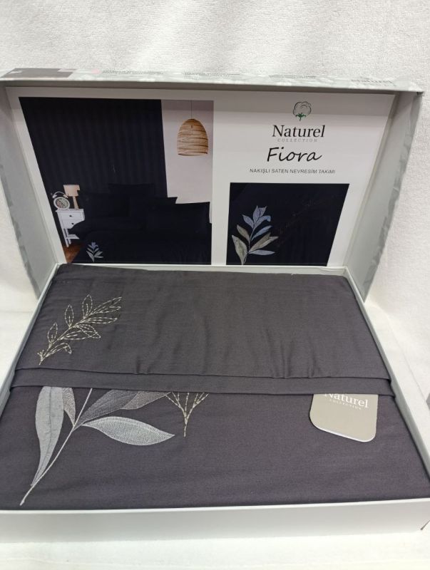 Двоспальний Євро комплект Naturel Fiora Grey Сатин з вишивкою