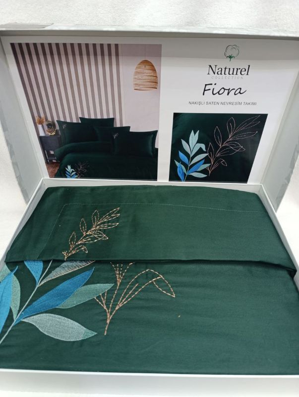 Двоспальний Євро комплект Naturel Fiora Green Сатин з вишивкою