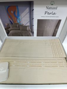 Двоспальний Євро комплект Naturel Perla Beige Сатин з вишивкою