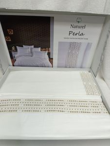 Двоспальний Євро комплект Naturel Perla White Сатин з вишивкою