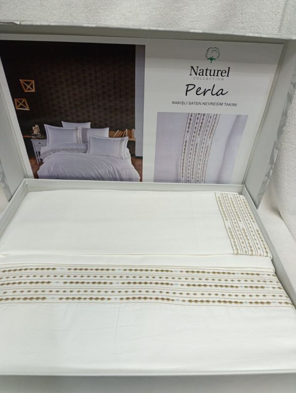 Двоспальний Євро комплект Naturel Perla White Сатин з вишивкою