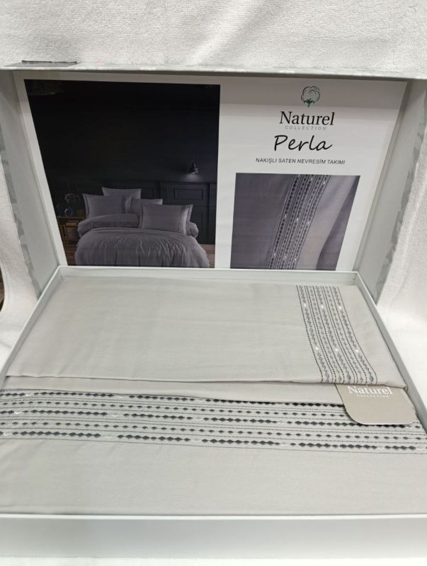 Двоспальний Євро комплект Naturel Perla Grey Сатин з вишивкою