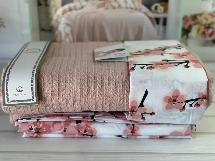Літній Євро комплект з в’язаним пледом Romeo Home Pudra