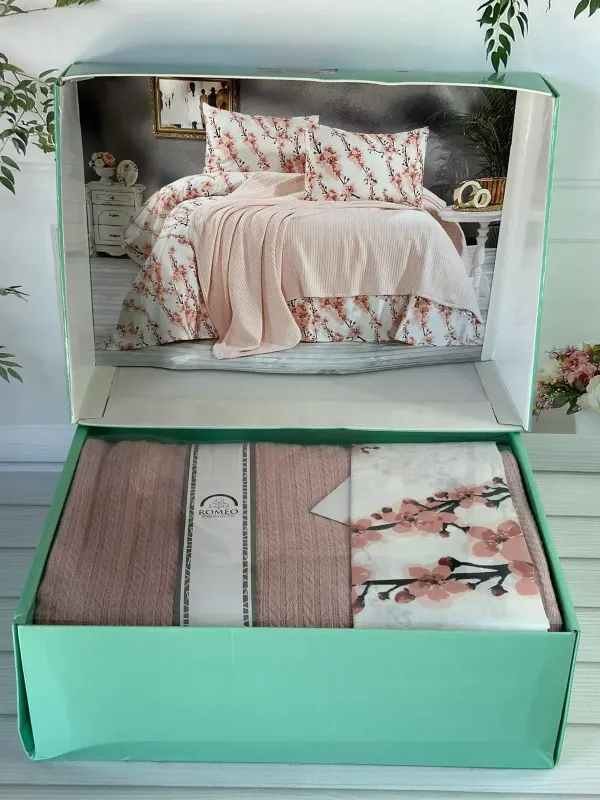 Літній Євро комплект з в’язаним пледом Romeo Home Pudra