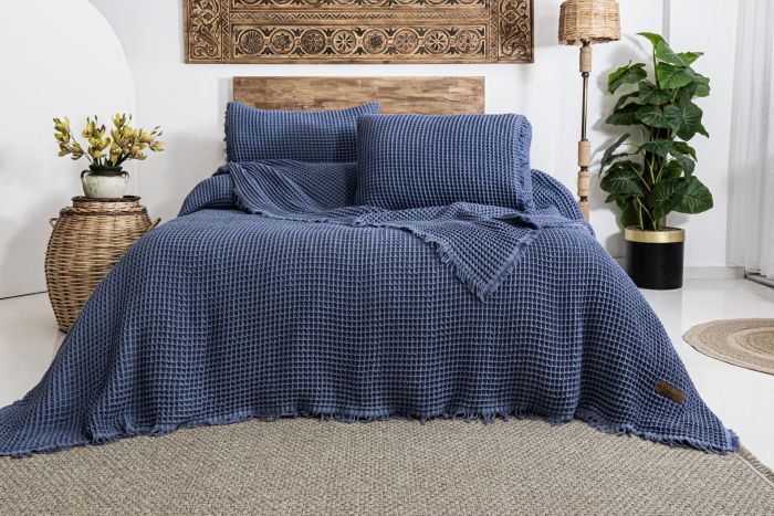 Вафельне покривало Saheser Norah Indigo 240x260см +2 наволочки 50x70см