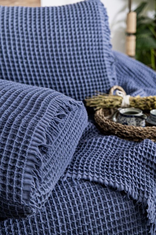 Вафельне покривало Saheser Norah Indigo 240x260см +2 наволочки 50x70см