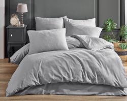 Двоспальний Євро комплект Charlotte Silver Сатин-Stripe / простирадло на резинці 180x200см