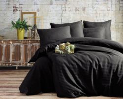 Двоспальний Євро комплект Charlotte Black Сатин-Stripe / простирадло на резинці 180x200см